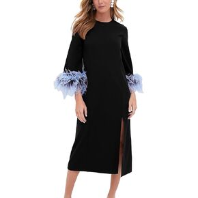 Womens Feather Dress Crewneck Casual Mini Long Dress 3/4 Sleeves Elegant Cocktail Dress