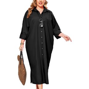 ZOMVA 2025 Plus Size 0X-4X Casual Button Down Maxi Shirts Dress with Pockets Oversized Striped Long Sleeve Clothing Outfits