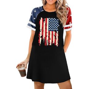YI XIANG RAN 4th of July Dress Women: American Flag Dresses USA Stars Stripes Shirt Patriotic Tshirt Summer Sundress