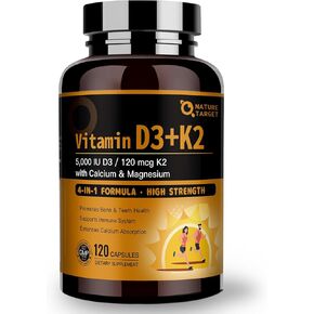 NATURE TARGET Vitamin D3 K2 with Calcium & Magnesium - Max Strength 4 in 1 Formula for Bone, Heart & Immune Support - Supplies 5000 IU Vitamin D3 & 120 mcg of Vitamin K2, 120 Count