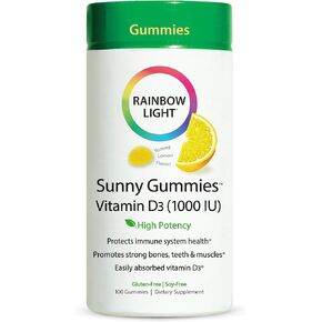 Rainbow Light - Sunny Gummies Vitamin D3 1000 IU, Support for Healthy Bones, Muscles, and Immunity in a Family-Friendly Chewable with Vitamin D3, Soy-Free, Gluten-Free, Sour Lemon, 50 Gummy Drops