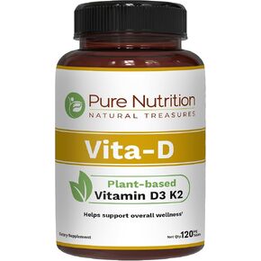 نقي التغذية Vita D3 K2 - ملحق فيتامين D3 K2 القائم على النبات | 120 علامات التبويب | فيتامين D3 6000 IU | فيتامين K2 مثل MK7 100mcg | فيتامين K2 D3 | غير الكائنات المعدلة وراثيا |