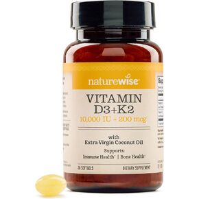 Naturewise Vitamin D3 10،000 وحدة دولية بالإضافة إلى K2 (MK -7) 200 ميكروغرام مع زيت جوز الهند البكر العضوي - يدعم امتصاص الكالسيوم ، العظام ، صحة القلب والمناعة - غير المعدلة وراثيًا ، فول الصويا والغلوتين - 90 ناعمة