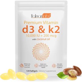 Vitamin D3 K2 Softgel 120pcs with Coconut Oil Support Immune, K2 D3 Vitamin Supplement Fast Absorption, D3 K2 Vitamin 10000IU, Promotes Healthy Bones, Non-GMO