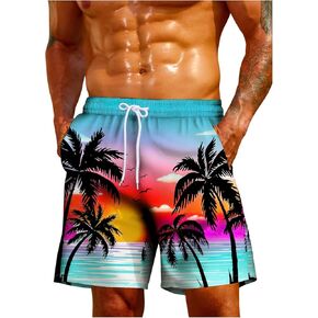 Men's Tropical Print Beach Shorts Drawstring Waist Swim Trunks Quick Dry Swimwear Bathing Suits
