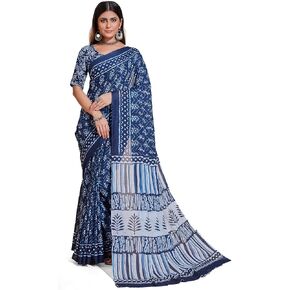 Handicrafts Women's Ikat Hand Block Print Cotton Mulmul Saree with Unstitched Blouse Piece