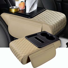 Car Armrest Cushion for SUV,5-in-1 Thickened Center Console Cover with 2 Storage Bags,Cup Holder, Tissue Box Slot, Phone Slot, Car Interior Accessories Organizers for Most Vehicles (Black)
