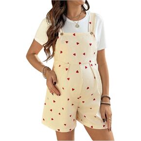 OYOANGLE Women's Maternity Heart Print Short Overalls Button Ruched Romper Pregnancy Short Jumpsuits