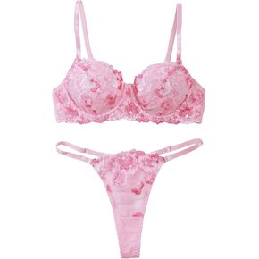 Wdirara Women's 2 قطعة من الدانتيل الزهرية Mesh Bra و Thongs Lingerie Set