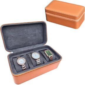 Premium PU Leather Triple Watch Travel Case - Compact Storage with Microsuede Lining, Fits 3 Watches & Smartwatches, Ideal Gift for Men, Organe & Grey
