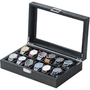 Watch Case, Watch Organizer for Men, Carbon Fiber Watch Box, Watch Holder, Portable Watch Display Case with Glass Window (12 Slots)