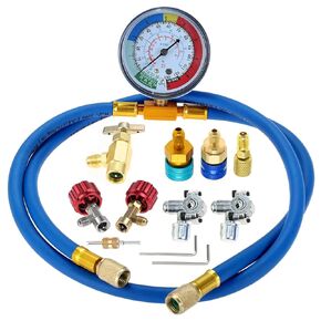 R134A R12 R22 شحن المبرد خرطوم مع مجموعة المقياس ، خرطوم إعادة شحن AC مع مقياس وصمام ثقب BPV31 BULLET ، CAN R134A يمكن النقر ، R1234YF CAN ، R134A R1234YF LOW SIDE SIDE DOALLER