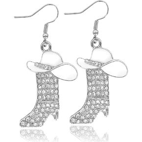 Rhinestone Western Boots Dangle Drop Earrings for Women, Boho Cowgirl Cowboy Enamel Hat Boot Earrings Country Concert Party Outfits Jewelry Gift