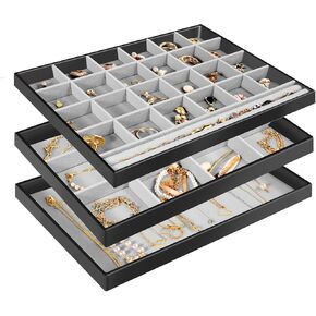 ProCase Stackable Large Jewelry Drawer Organizer, 3 Pack Velvet Jewelry Organizer Tray with Removable Dividers for Earring Necklace Bracelet -Grey