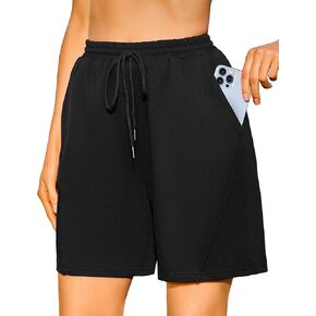 Quenteen Womens Running Sweat Shorts Cotton Loose Fit Pockets High Waist Shorts (X-Large, Black)