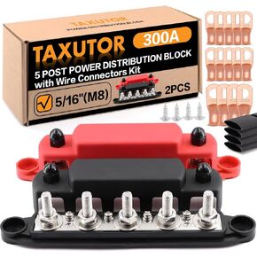 Taxutor 12v Bus Bar 5 Post 300A Power Distribution Block 5/16" Battery Terminal Block Stud with Cover and Wire Lugs in Kuwait