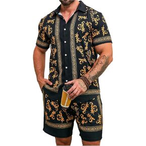 Men's 2 Piece Hawaiian Outfit Floral Button Down Collared Shirt and Drawstring Waist Shorts Vacation Set