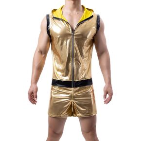 Mens Metallic Rave Outfits Sparkly Sleeveless Vest 3 Inch Inseam Booty Shorts with Pockets