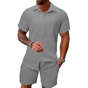 DEEX Men's Summer Beach Outfits 2 Piece Short Sleeve Shirts and Shorts Texture Vacation Sets for Men 2025