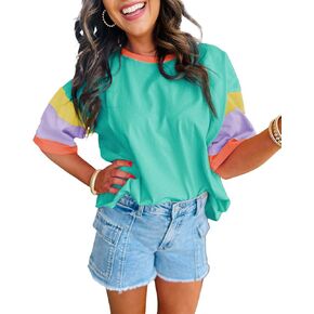 miduo Womens Casual Loose Fit Color Block Stitching Short Sleeve Crew Neck Top T Shirts in Kuwait
