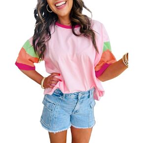 miduo Womens Casual Loose Fit Color Block Stitching Short Sleeve Crew Neck Top T Shirts