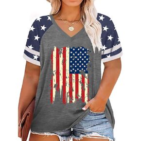 Plus Size Tops American Flag Shirts Womens V Neck Patriotic Tshirt USA Graphic Tee 4th of July T-Shirt
