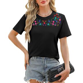 Women Mexican Embroidered Shirt Mexico T-Shirt Traditional Summer Blouse Boho Floral Embroidery Tunic