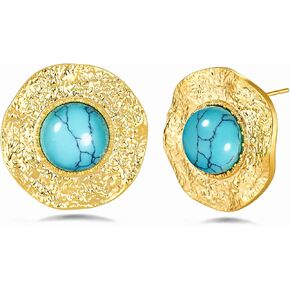Gold Turquoise Round Button Hammered Daisy Sunflower Floral Chunky Statement Earrings for Women by SNGIA, Bold Handmade Exaggerated Dome Retro Rounded Trendy Flower Bohemian Natural Stone Stud Jewelry Gifts, Unique Vintage Baroque Teal Gemstone Spring Sum