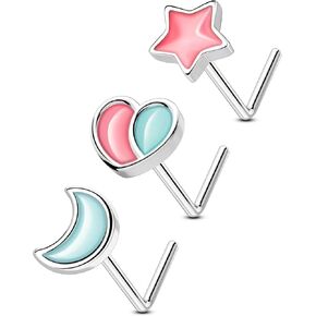 OUFER 3PCS 20G Nose Rings For Women, Heart Moon Star L-shaped Nose Studs, Blue and Pink Nose Nostril Piercing Jewelry -7MM