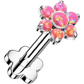 Pierced Owl 16GA G23 Implant Grade Titanium Synthetic Opal Flower Threadless Push-in Flower Base Stud (Pink)