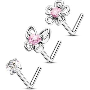 CM Crareesi Mania Butterfly Nose Studs 316L Stainless Steel Nose Piercing Jewelry 20Gauge 3Pcs Nose Piercing Jewelry Pack L-Shaped Nose Rings for Women