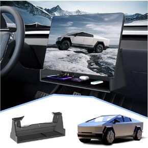 منظم وحدة التحكم المركزية تحت مربع تخزين الشاشة لإكسسوارات Tesla Cybertruck 2025 ، شماعات تخزين مثبتة على الشاشة مع بطانة سيليكون مضادة للانزلاق ، لا توجد صينية مخفية على لوحة معلومات ， أسود