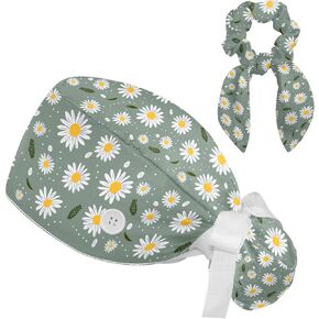 Scrub Caps Women with Button,Adjustable Surgical Caps with Ponytail Pouch,Green Background White Daisies Working Cap with Bow