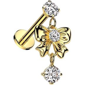 Pierced Owl 16GA 316L Stainless Steel CZ Crystal with Dangling Bow Flat Back Stud