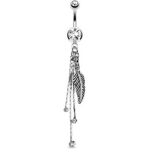 Pierced Owl - 14GA 316L Stainless Steel Feather and Chains CZ Crystal Dangling Belly Button Ring