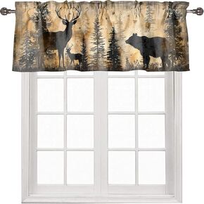 Rustic Deer Bear Curtain Valances Window Treatments Forest Pine Tree Elk Moose Hunting Cabin Lodge Country Farmhouse for Kitchen Windows Rod Pocket Valance Window Treatments 54 x 18 Inch, 1 Panel