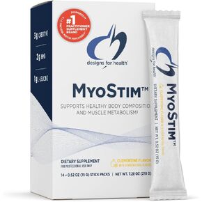 Designs for Health MyoStim - HMB + Collagen Peptides Powder with L-Leucine + Creatine to Support Healthy Aging - May Help Attenuate Age-Related Muscle Loss - Clementine-Flavored Drink (14 Stick Packs)