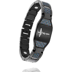 Magnetic Bracelet for Men, Christian Cross Jesus Stainless Steel Magnetic Therapy Bracelets, （Black）
