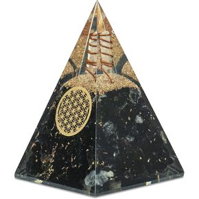 هرم التورمالين الأسود - هرم orgonite مع ملف النحاس وزهرة الحياة - العلاج الطبيعي الحجري الكريستالي orgone