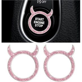 2 PCS Bling Car Engine Start Button Cover, Crystal Rhinestone Auto Ignition Ring Cap Decorations, Little Devil Push to Start Button Cover Sticker, Car Accessories for Women (Lake Blue)