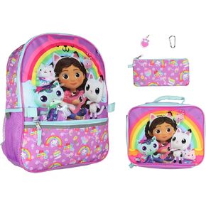 Gabby's Dollhouse Backpack Gabby Cat Friends Raised Character Backpack Set Lunch Box Water Bottle 5 Piece For Kids
