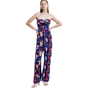 Women's Summer Casual Floral Jumpsuits Strapless Loose Wide Leg Smocked Romper Backless with Pockets