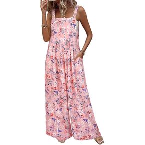 Jumpsuits for Women Summer Boho Floral Print Wide Leg Sleeveless Loose fit Overalls with Pockets One Piece Pink l