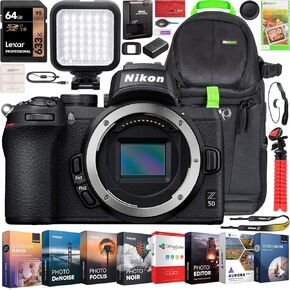 هيكل كاميرا Nikon Z50 بدون مرآة 4K UHD DX-Format 2 طقم عدسات NIKKOR Z DX 16-50 مم F3.5-6.3 VR + Z DX 50-250 مم F4.5-6.3 VR حقيبة ظهر Deco Gear + صور فيديو LED + فلاتر + برامج ومعدات مُكَمِّلات