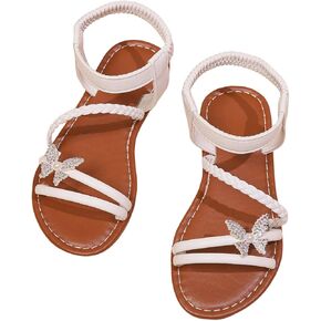 GORGLITTER Girl's Sandals Dressy Leather Butterfly Braided Rhinestone Glitter Summer Beach Ankle Strap Flat Sandals
