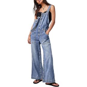 chouyatou Women's Summer Casual Adjustable Strap Denim Jumpsuit Loose Fit Wide Leg Stretch Bib Jean Overalls