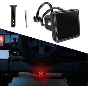 Trailer Hitch Receiver Cover with 15 LED Red Brake Lights, Universal Fit 2" Receiver, Super Bright Smoked Lens Square Tail Light, Car Exterior Accessories for Towing Truck SUV RV (Black)