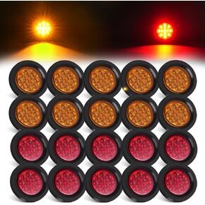20Pcs 2.5 Inch LED Marker Lights, 13 LEDs Red Round Trailer Clearance Side Marker Lights / Amber Marker Lights with Reflectors for Trailer Truck, RV, Waterproof Sealed, 12V (10 Amber + 10 Red)