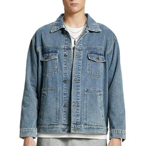 Men's Denim Jacket,Classic Crewneck Cowboy Jacket for Men,Spring and Autumn Vintage Workwear Denim Shirt