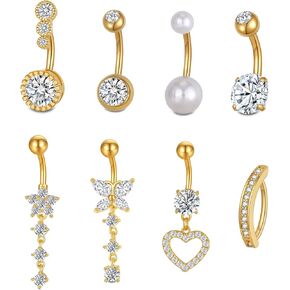 Spiritlele 8Pcs Belly Button Rings for Women 14G Gold Silver CZ Belly Rings Stainless Steel Dangle Clicker Navel Ring Piercing Jewelry with Heart Butterfly